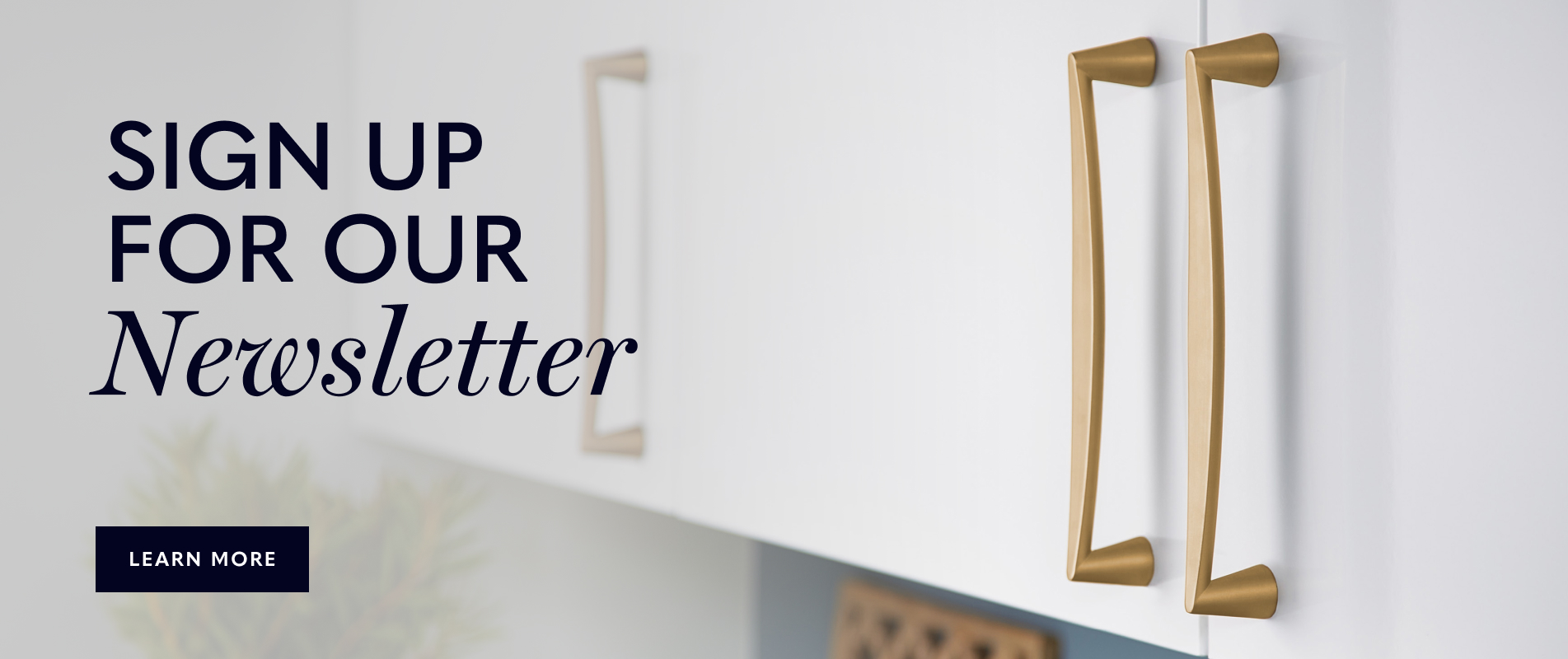 Sign Up for Our Newsletter banner with image of cabinet featuring our domestic bliss collection in modern brushed gold